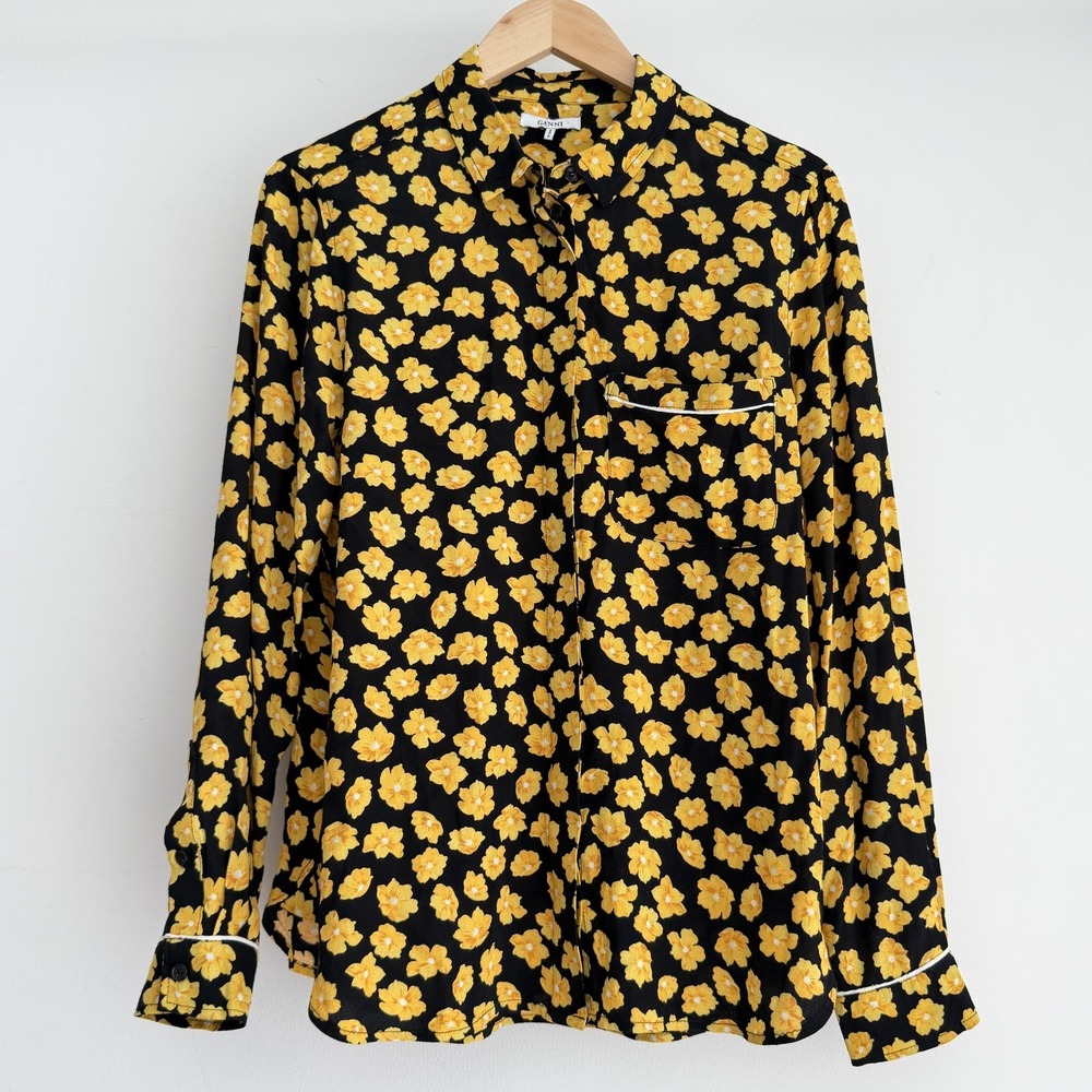 Ganni Blouse Womens 6 Black Yellow Floral Print Emory Crepe Button Up Shirt EU38